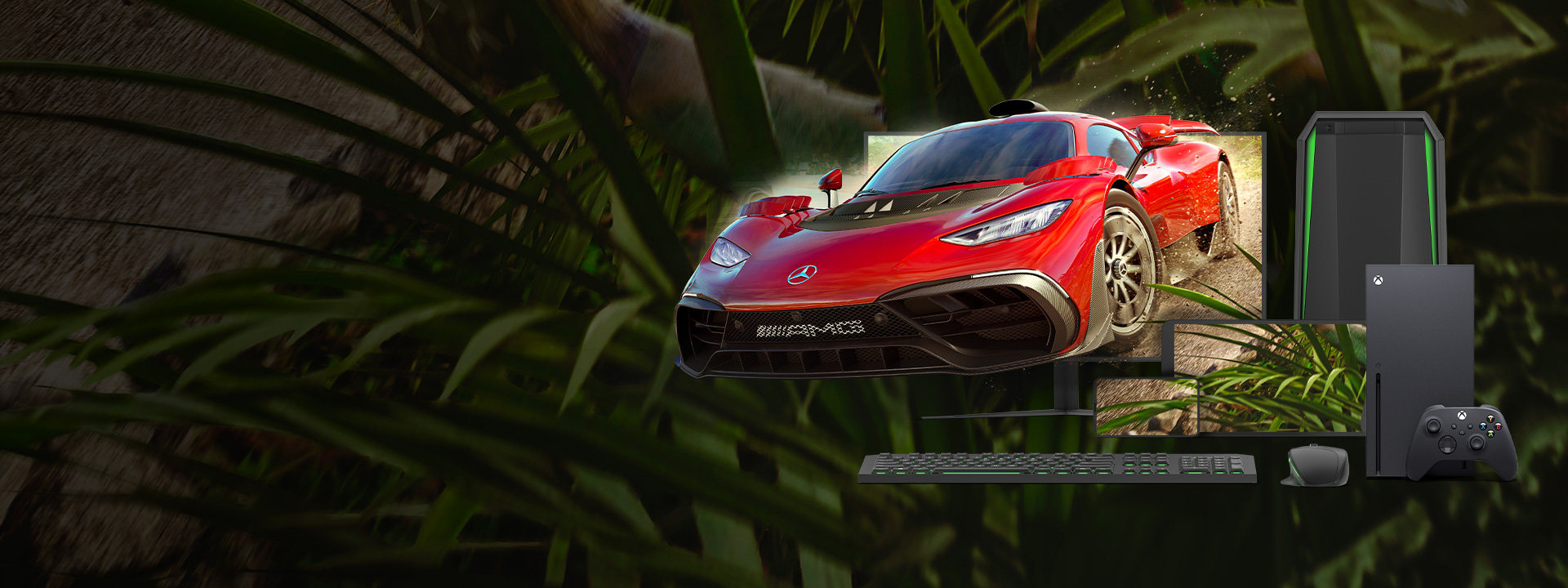 Meerdere slimme apparaten die Forza Horizon 5-game-illustraties op meerdere schermen weergeven.