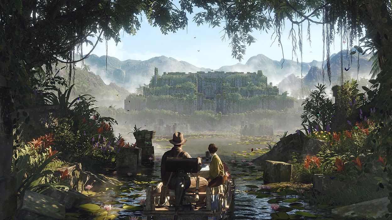 Indiana Jones et une jeune femme descendent une rivière dans un petit bateau au milieu de la jungle.
