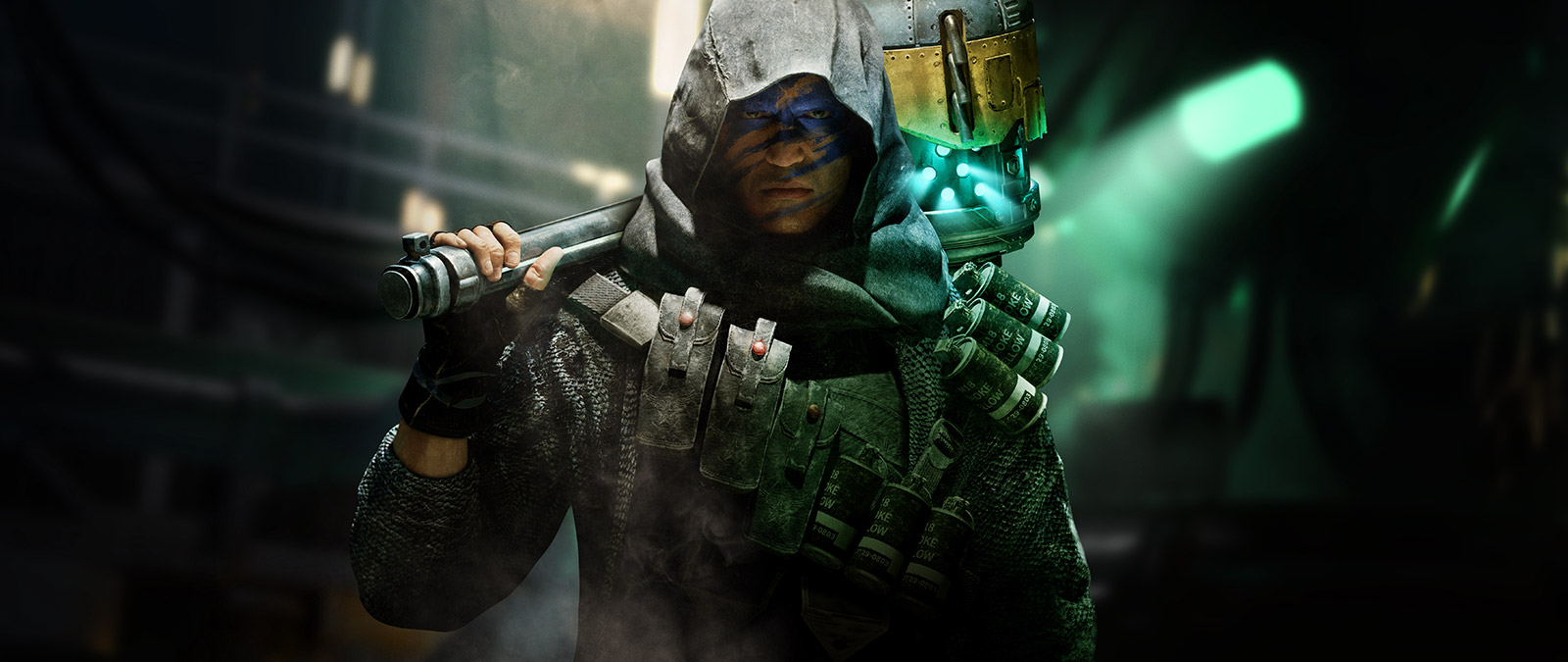 Character holding a large hammer behind their back with blue face paint, their hood up, and a belt of grenades across their shoulders
