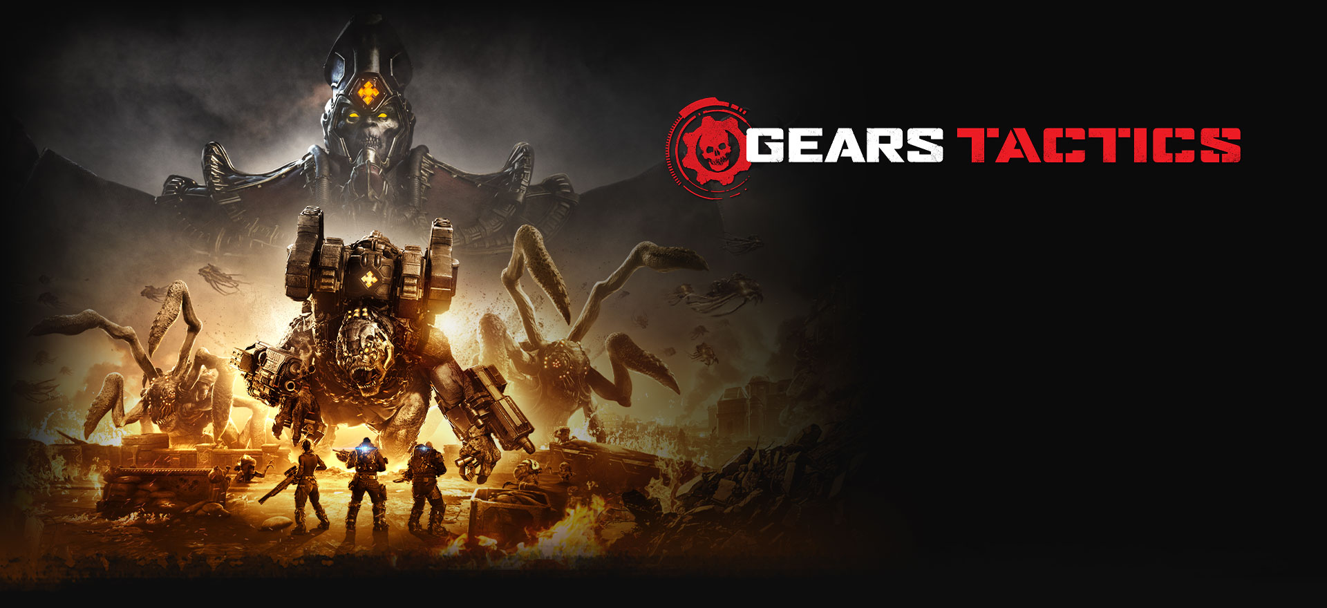 Gears Tactics, Three characters in heavy armour face large monsters in a burning war zone