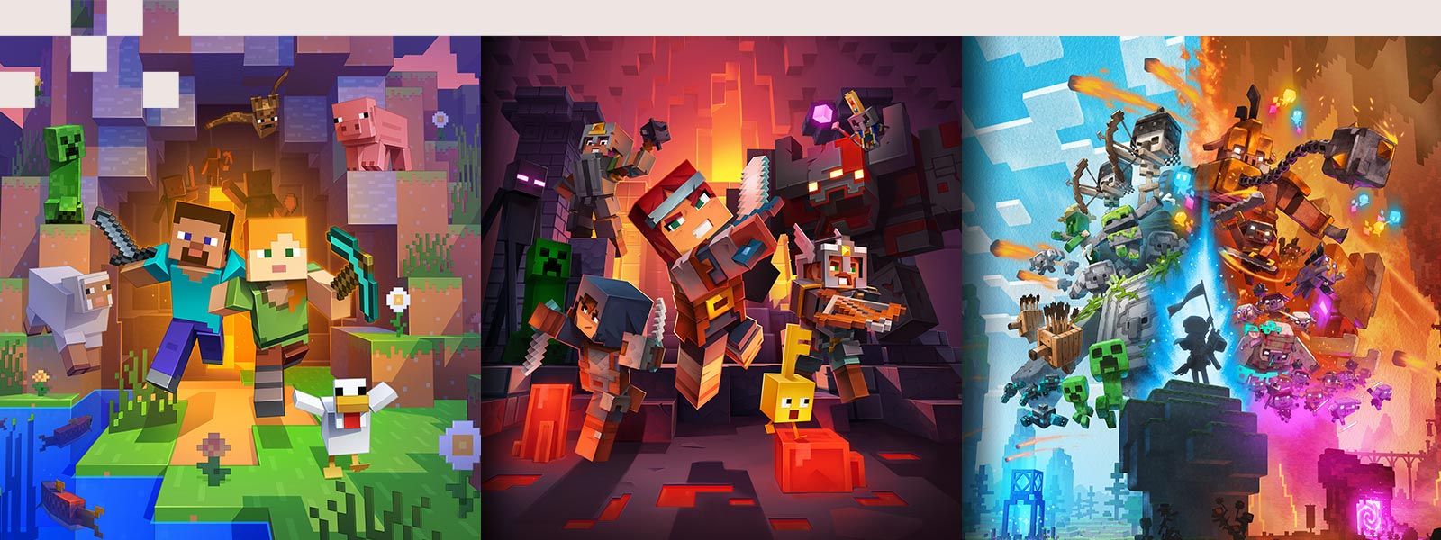 A collage of Minecraft characters from Minecraft, Minecraft Dungeons and Minecraft Legends.