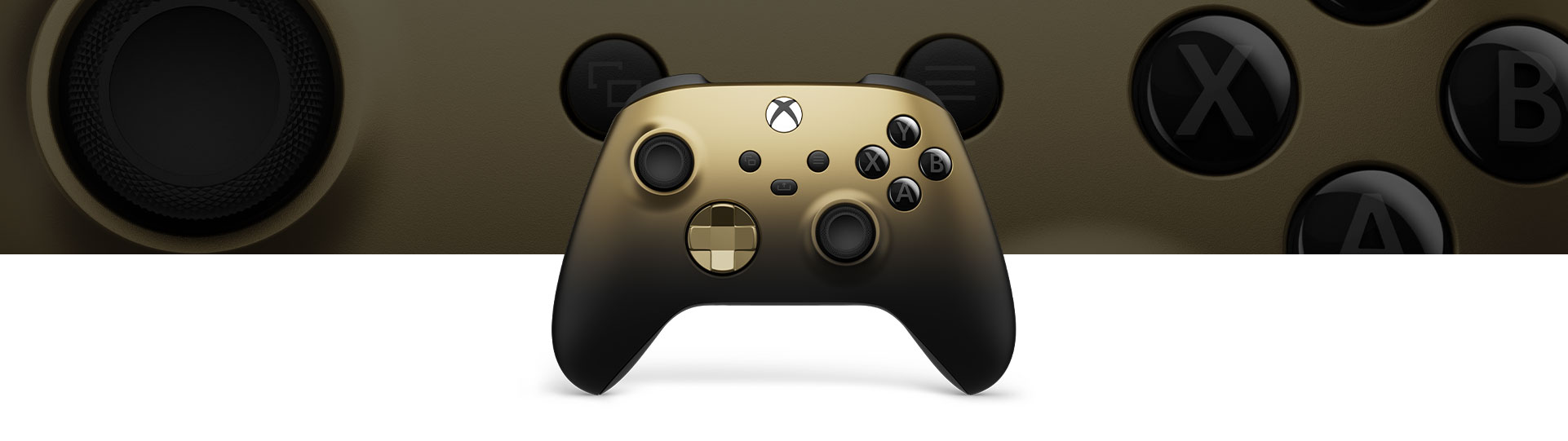 Vista frontal del Control inalámbrico Xbox: Edición especial Sombra dorada con una vista de primer plano en el fondo.