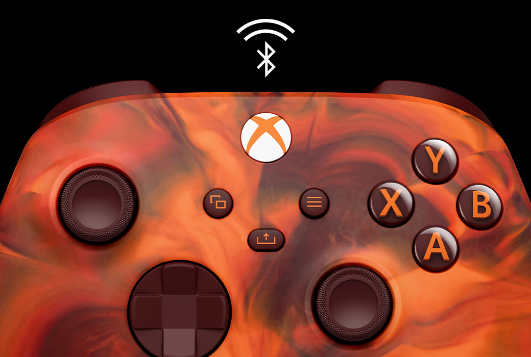Bluetooth のロゴをフィーチャーした Xbox ワイヤレス コントローラー (ファイヤーベイパー) スペシャル エディションを中央に配置したクローズアップ