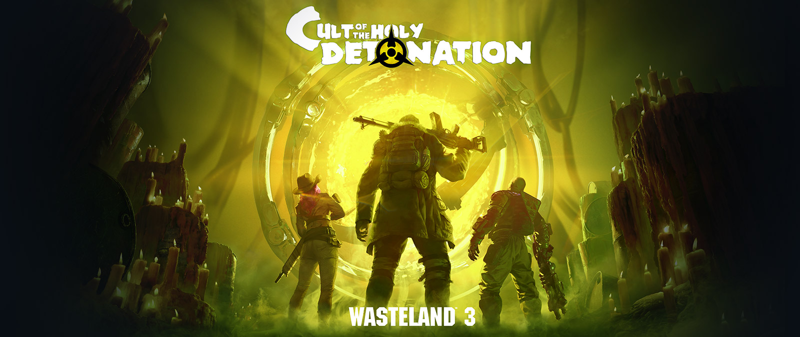 Wasteland 3: Cult of the Holy Detonation, diversi eroi post-apocalittici fissano un luminoso portale dorato.