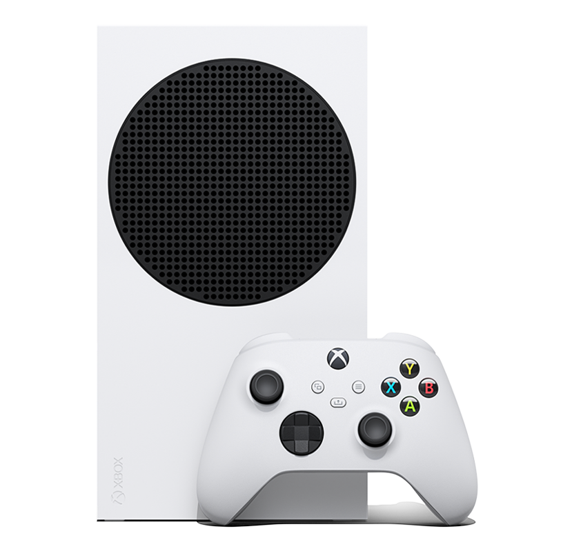 Front angle of the Xbox Series S with an Xbox Wireless Controller