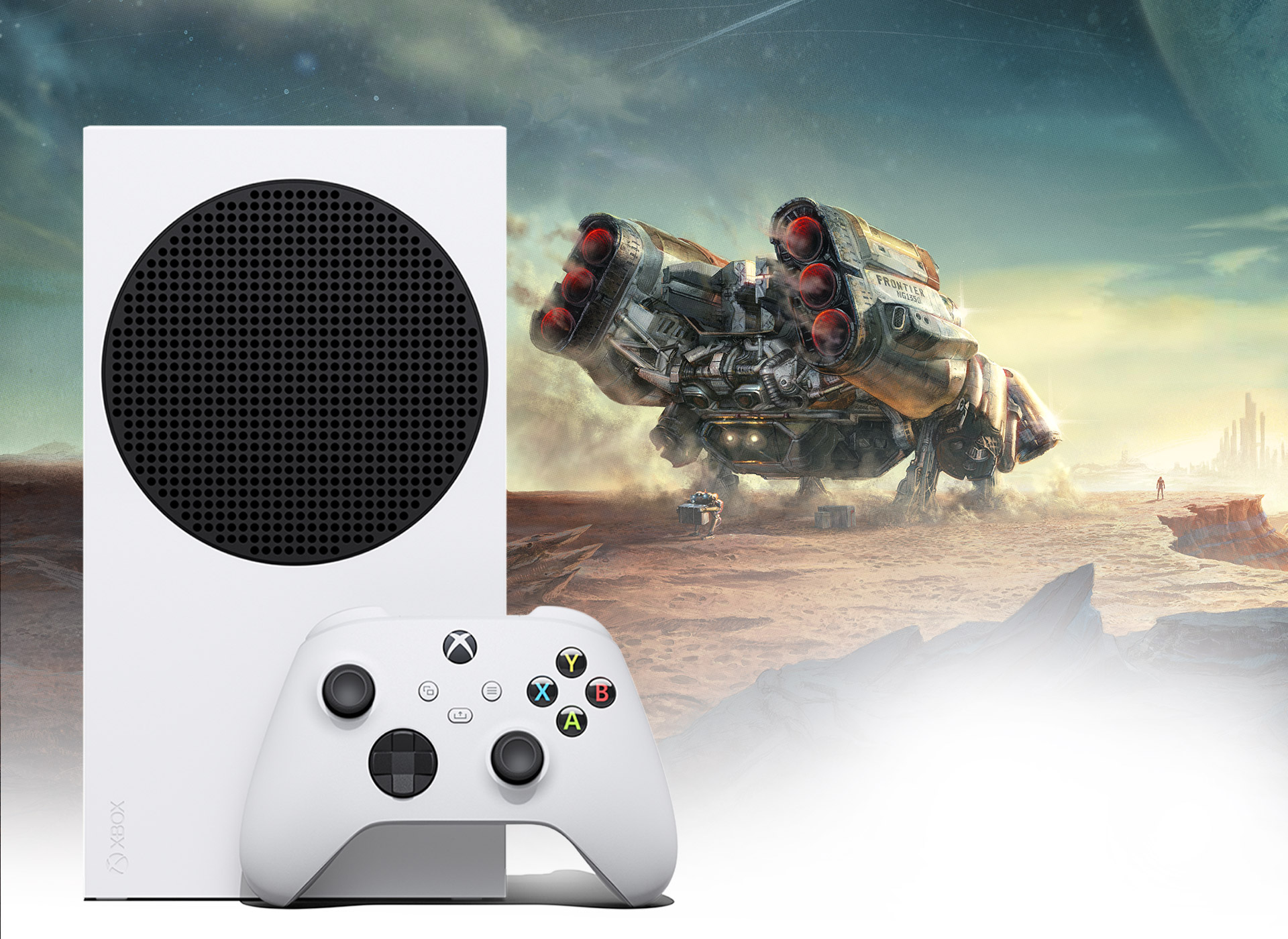 Xbox Series S ved siden af et rumskib på en Starfield-planet