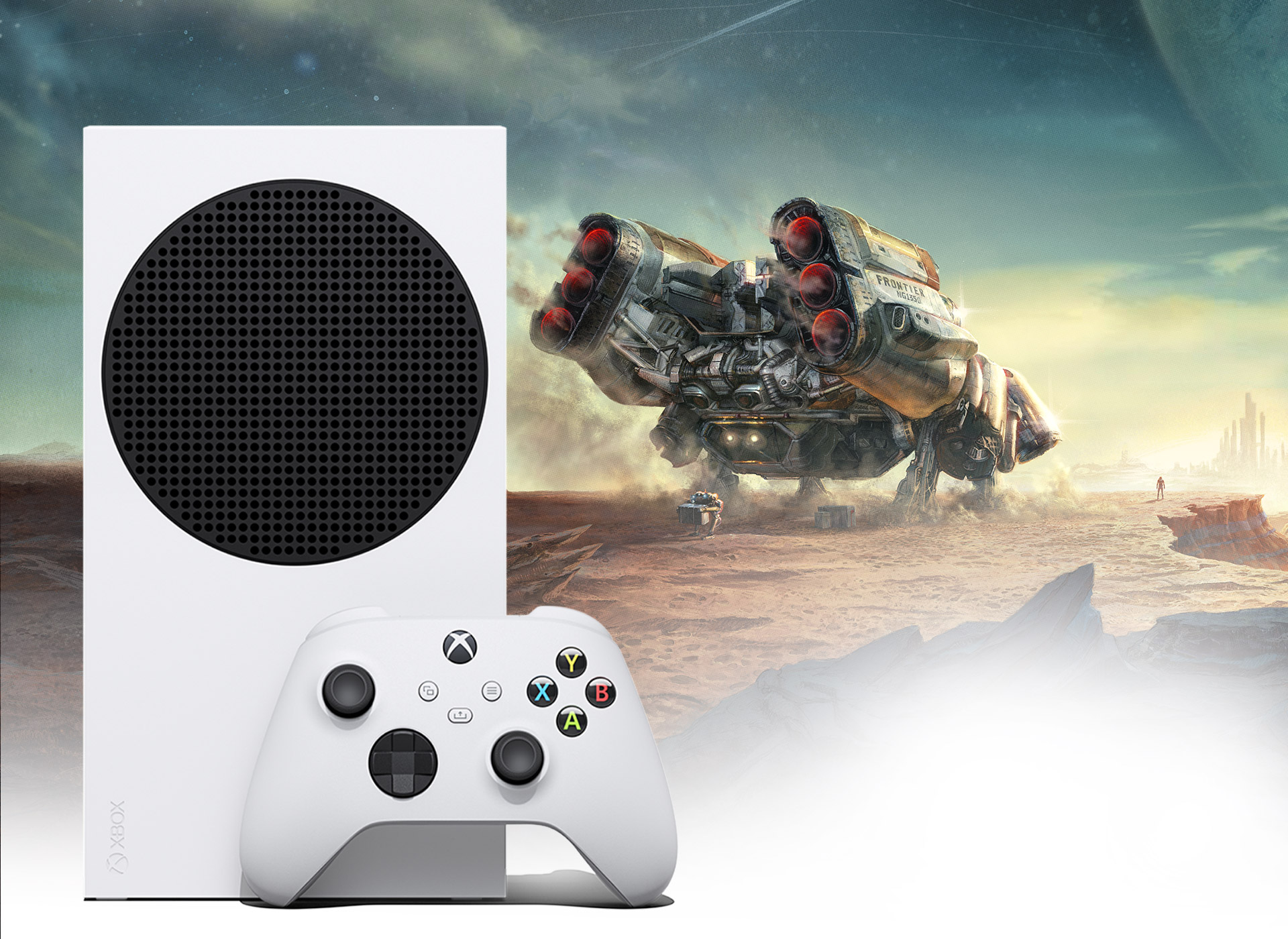 Xbox Series S egy űrhajó mellett a Starfield egyik bolygóján