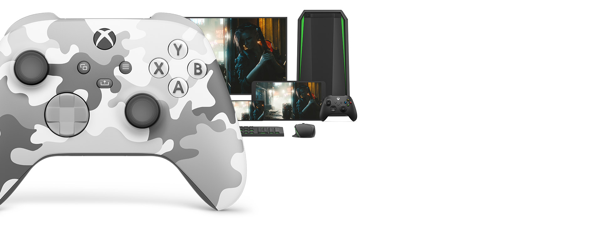 Az Arctic Camo Special Edition vezeték nélküli Xbox-kontroller jobb oldalának elülső nézete, mögötte különféle játszható platformokkal
