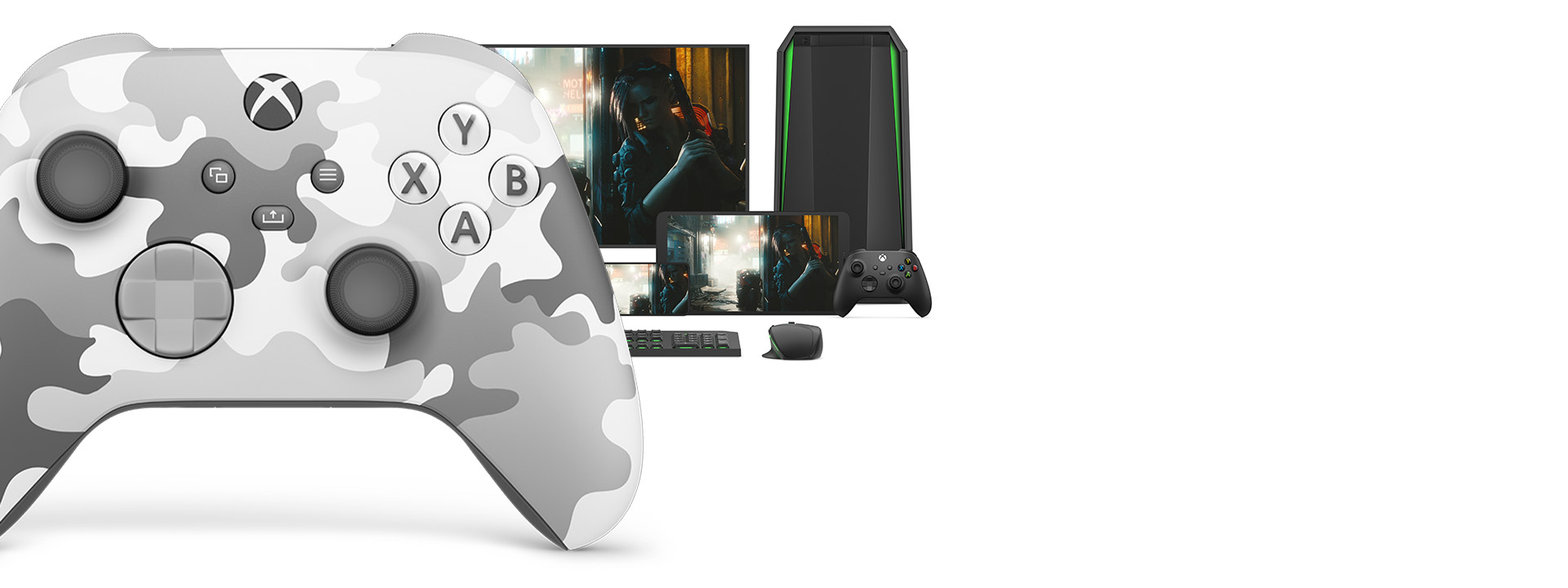 Visão dianteira do lado direito do Controle Sem Fio Xbox – Arctic Camo Special Edition com diferentes plataformas jogáveis na parte de atrás