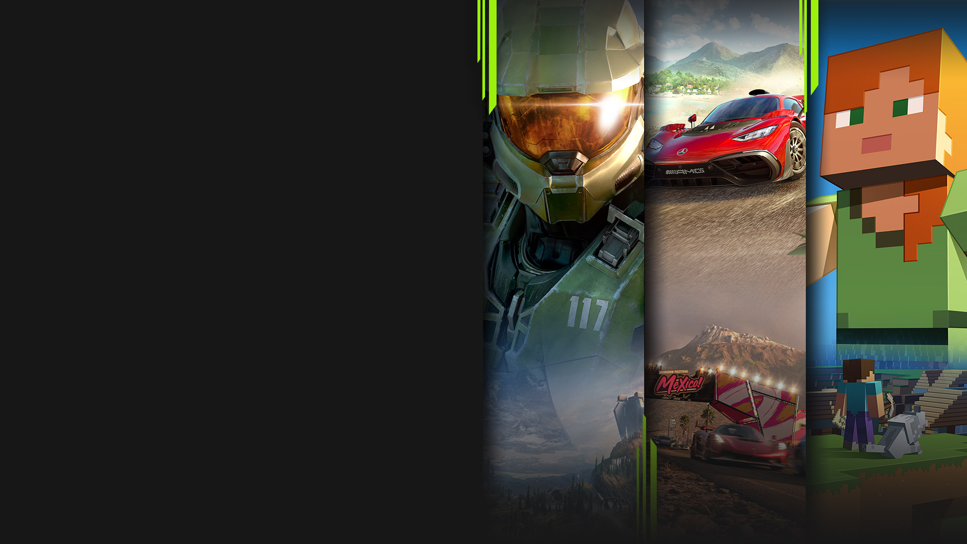 Game art from multiple games available with PC Game Pass including Halo Infinite, Forza Horizon 5, Minecraft and Age of Empires IV.