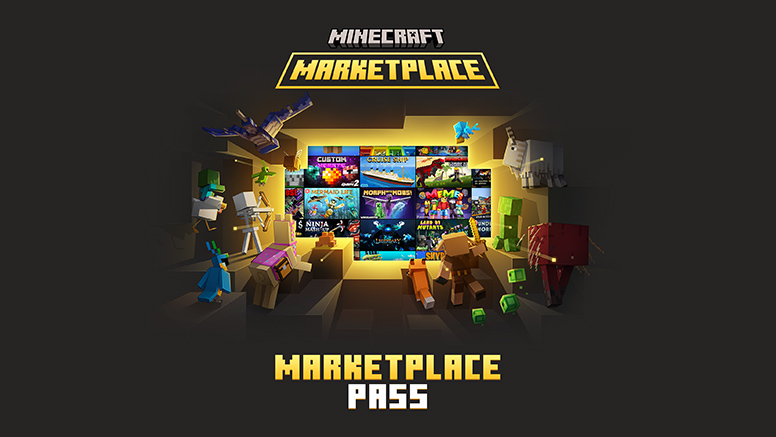 Minecraft Marketplace, Marketplace Pass, forskjellige Minecraft-mobber løper mot Minecraft Marketplace.