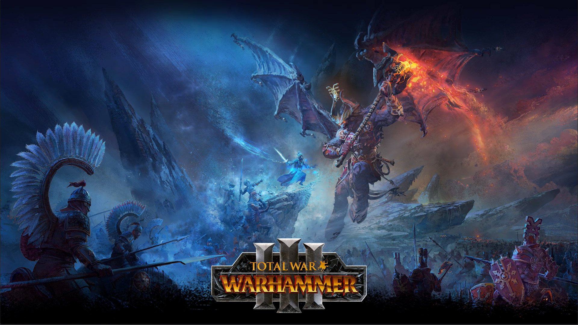 Total War Warhammer 3, Um mago do gelo enfrenta um demônio dragão gigante sobre um campo de batalha. 