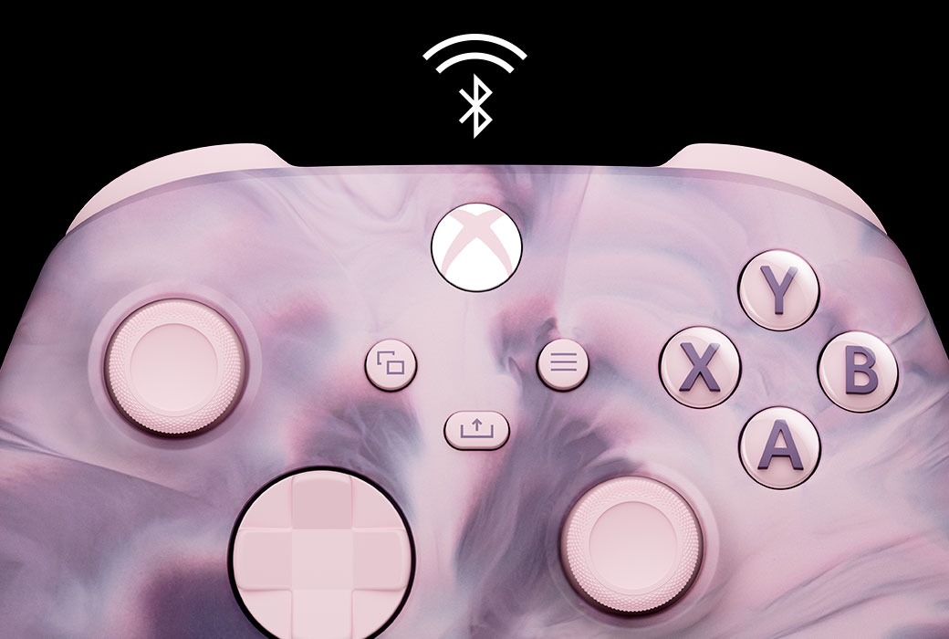 Detailný záber na stred bezdrôtového ovládača Xbox – Dream Vapor Special Edition s logom Bluetooth
