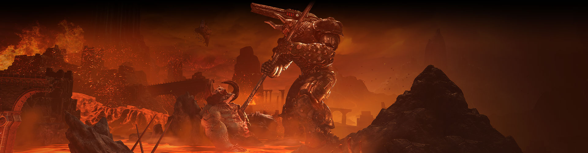 Un inframundo de monstruos que lanzan lava roja en DOOM Eternal.