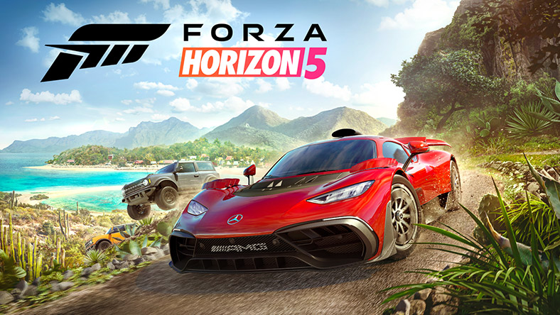 Forza Horizon 5. Egy Mercedes-AMG One és egy Ford Bronco száguldva versenyeznek egy mexikói úton.