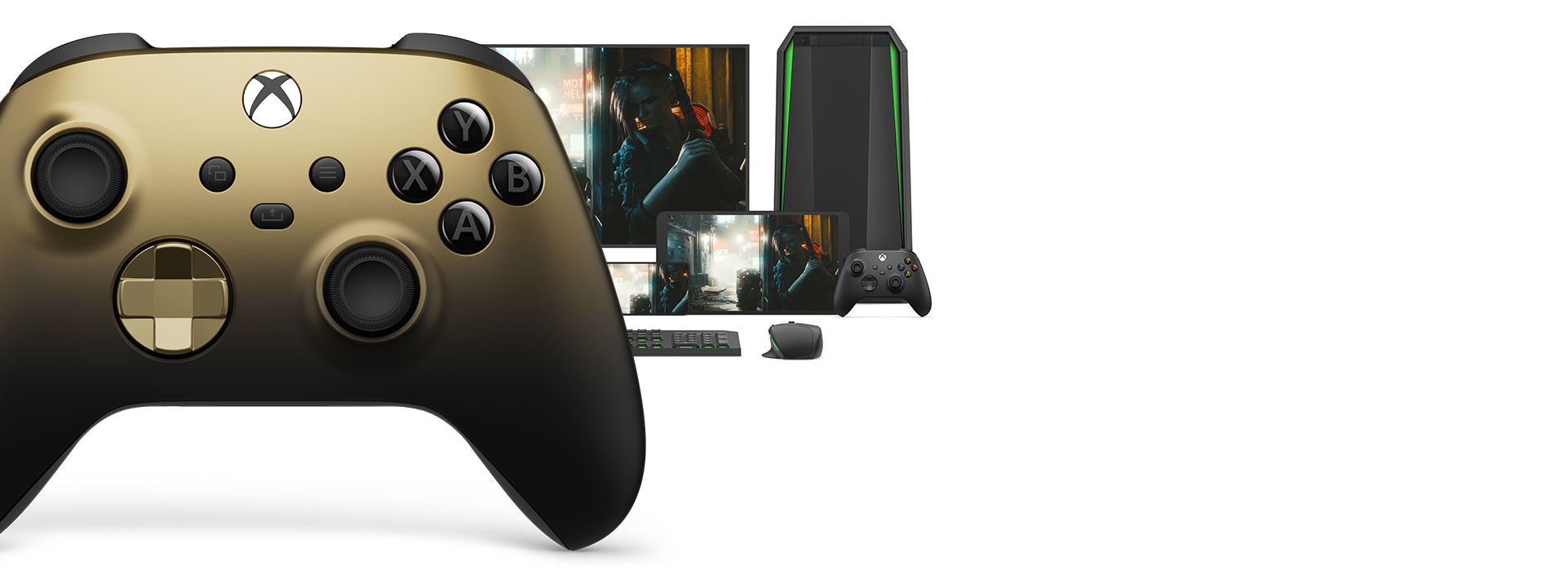 Vista frontal do lado direito do Controle Sem Fio Xbox – Edição Especial Gold Shadow com diferentes plataformas jogáveis na parte de atrás. 