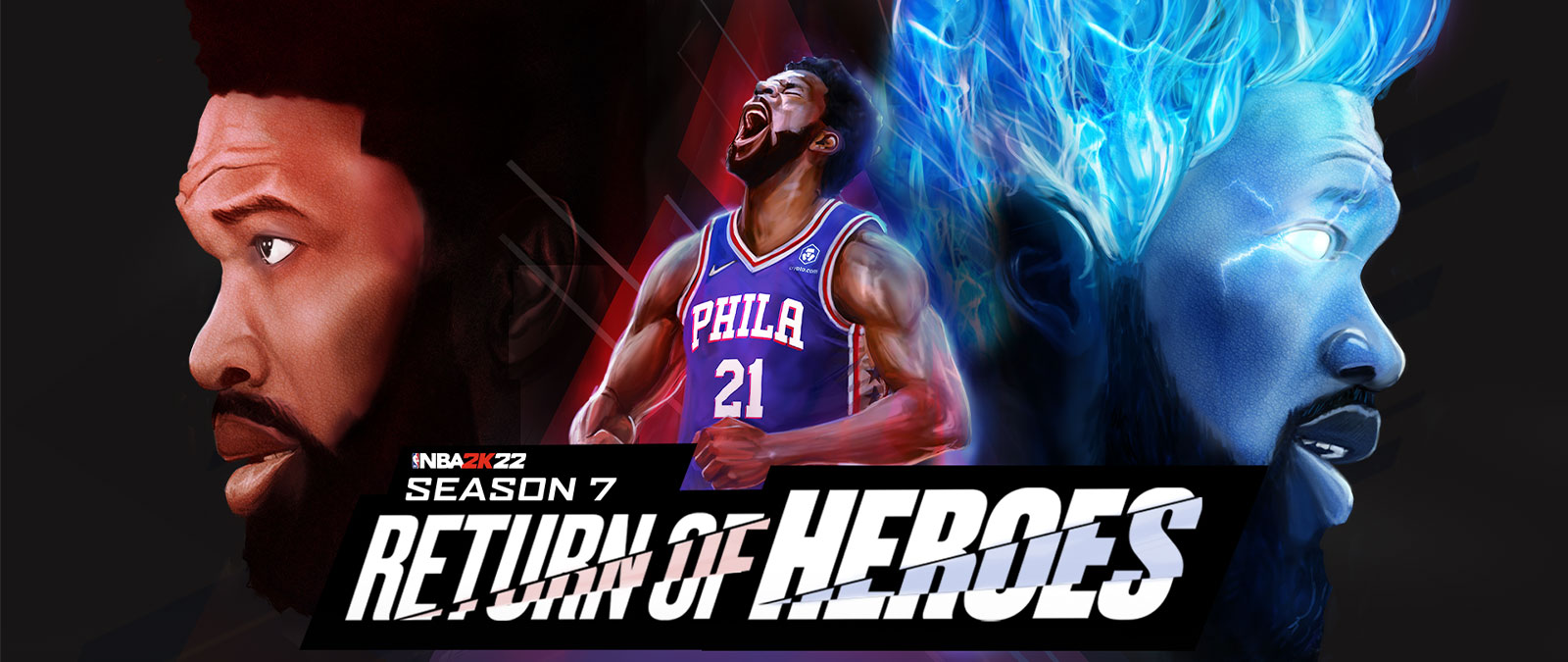 NBA 2K22, Temporada 7, Return of Heroes, um jogador do Philadelphia grita para o céu e se fortalece com chamas azuis.