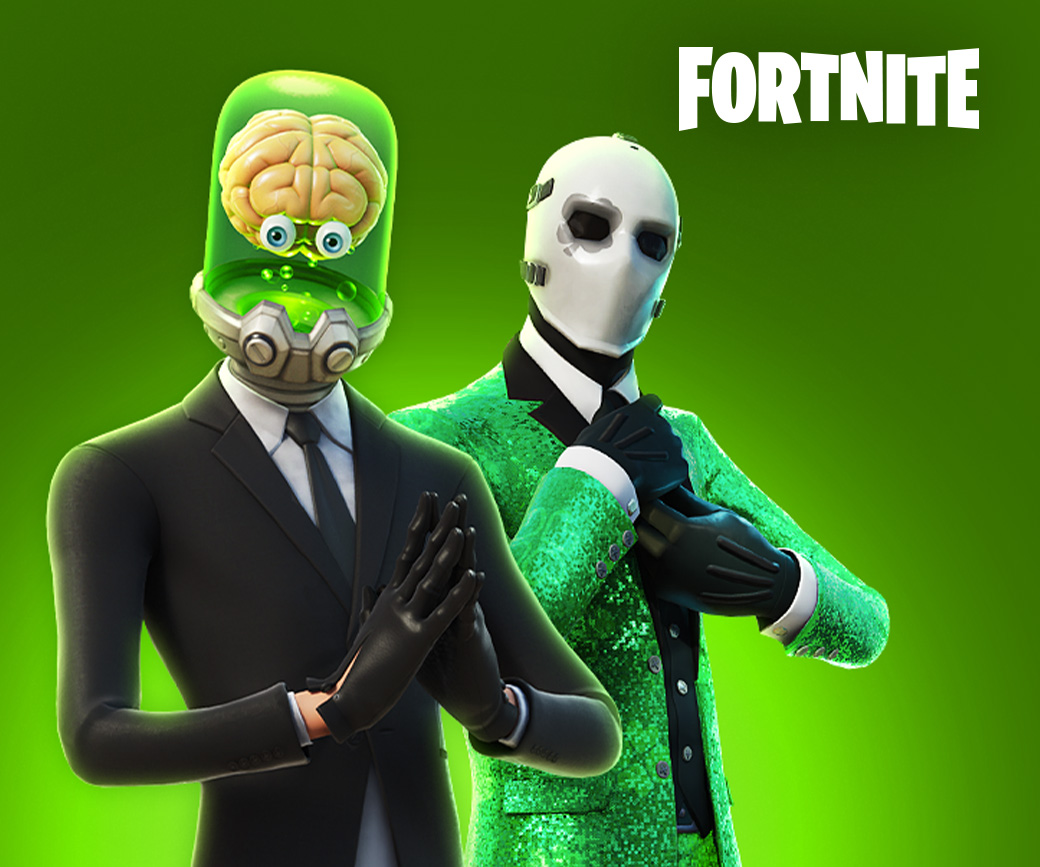 Fortnite, Brainstorm and Wild Card characters pose against a green background