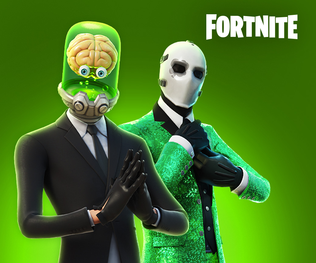 Los personajes de Fortnite, Brainstorm y Wild Card posan sobre un fondo verde