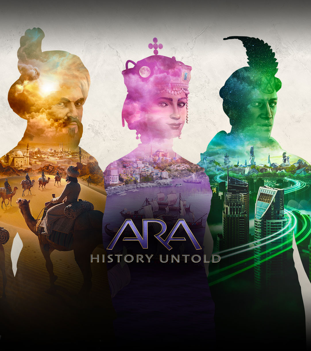 Ara: History Untold. Trois personnages transparents avec des scènes de différentes villes à l’intérieur de leur silhouette.