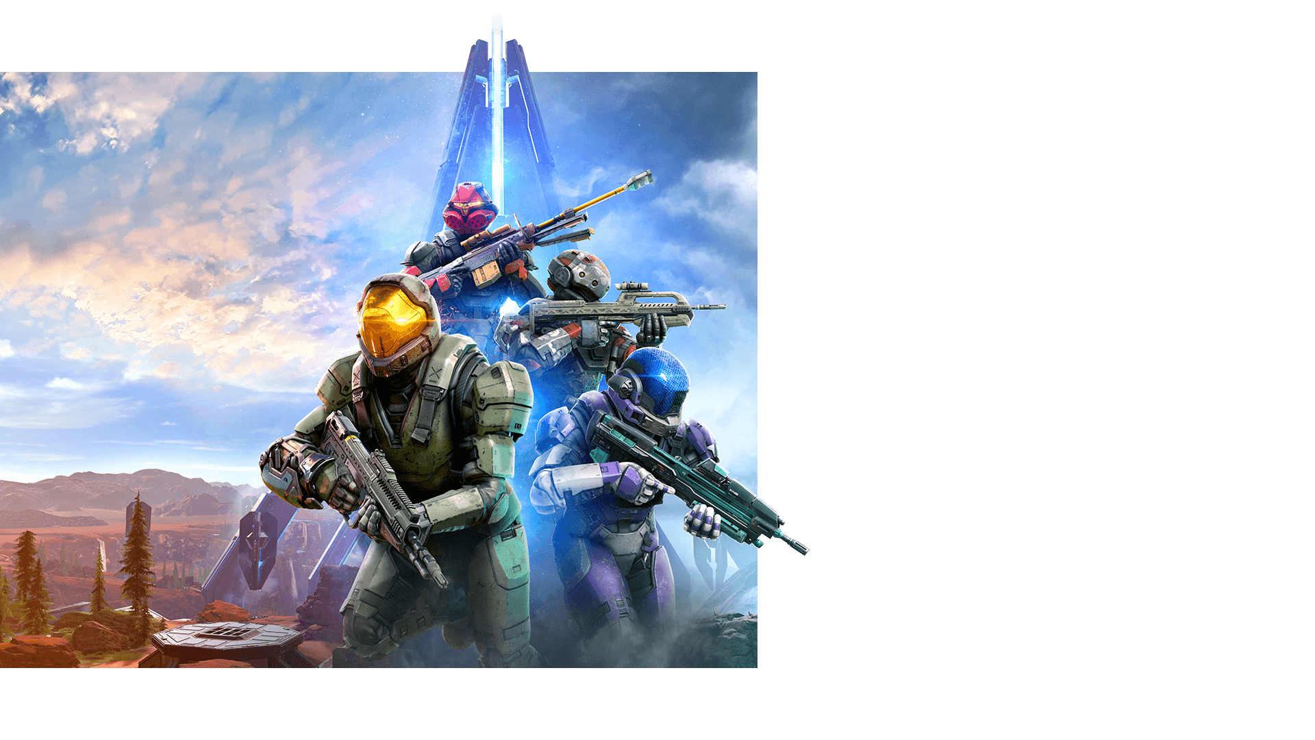Four Spartans step out of the fog into an expansive landscape centred around a futuristic spire.
