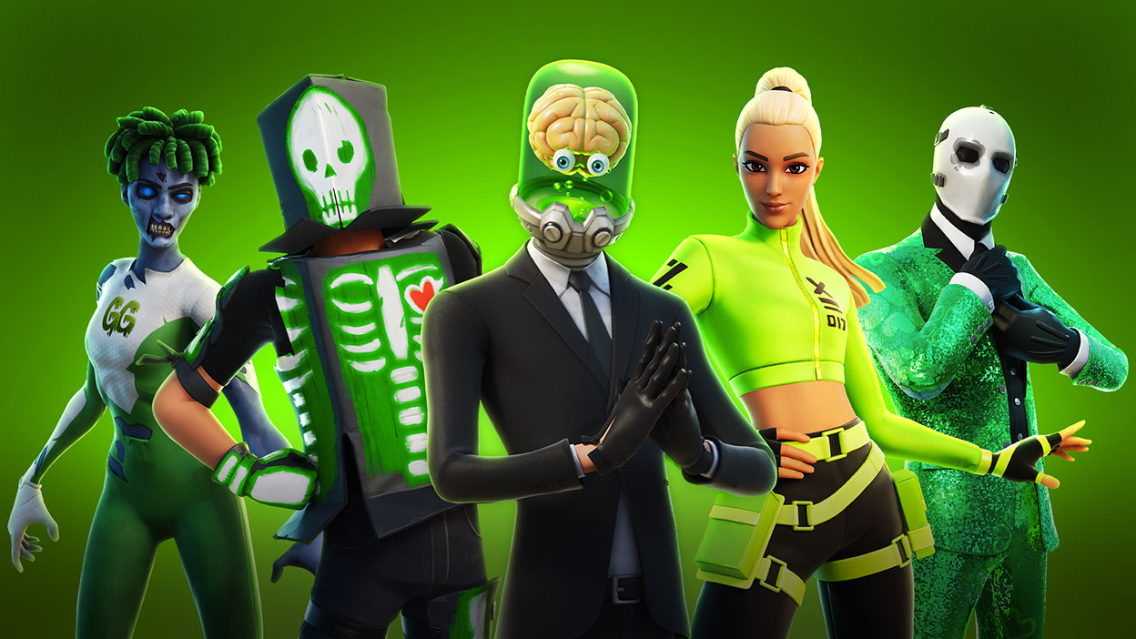 Vijf personages met verschillende groengekleurde outfits en skins poseren samen voor een groene achtergrond.