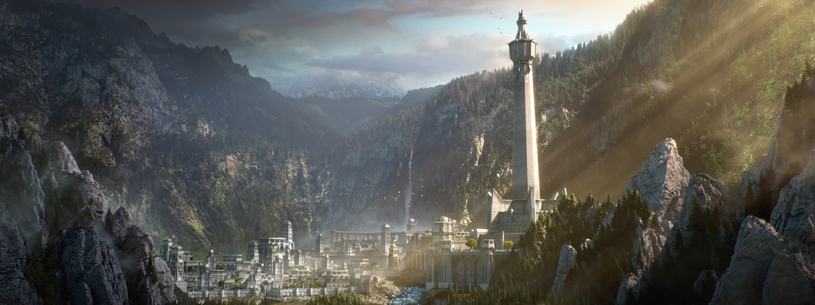 Middle-earth: Shadow of War 게임의 Minas Ithil의 흰 대리석 도시를 비추는 태양