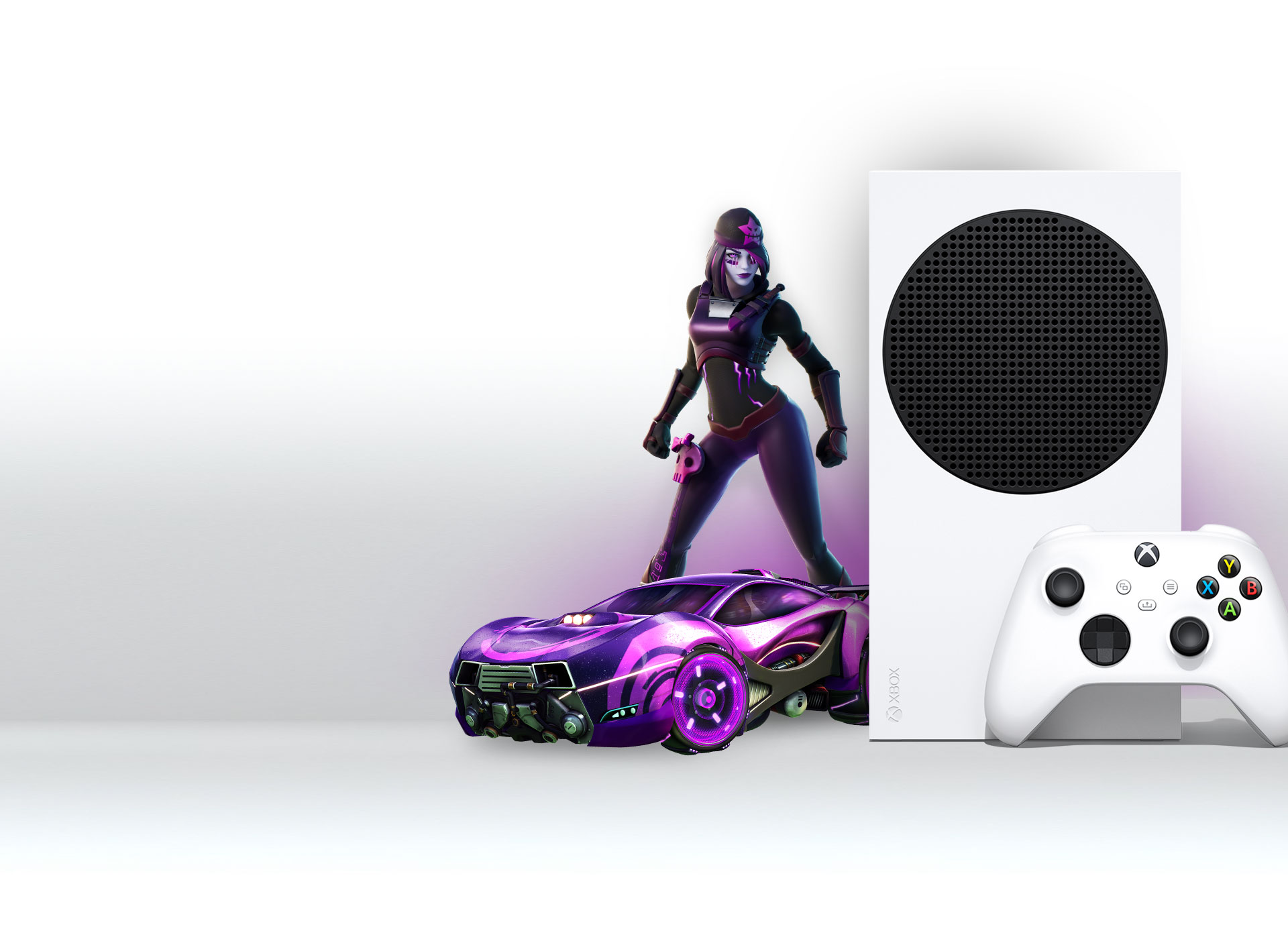 Side angle of an Xbox Series S console in front of a Fortnite character and car from Rocket League with Midnight Drive Pack items equipped.