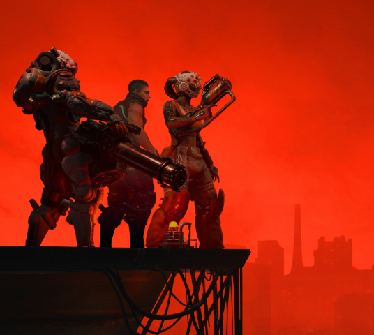 《The Ascent》。一行三名武装人员站在脚手架的边缘，俯瞰着红灯闪烁的大城市。