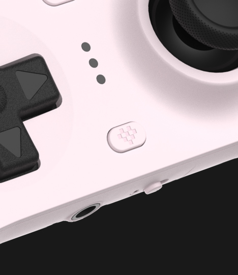 Vue rapprochée du bouton de profil de personnalisation sur la manette câblée 8BitDo Ultimate pour Xbox – Rose pastel