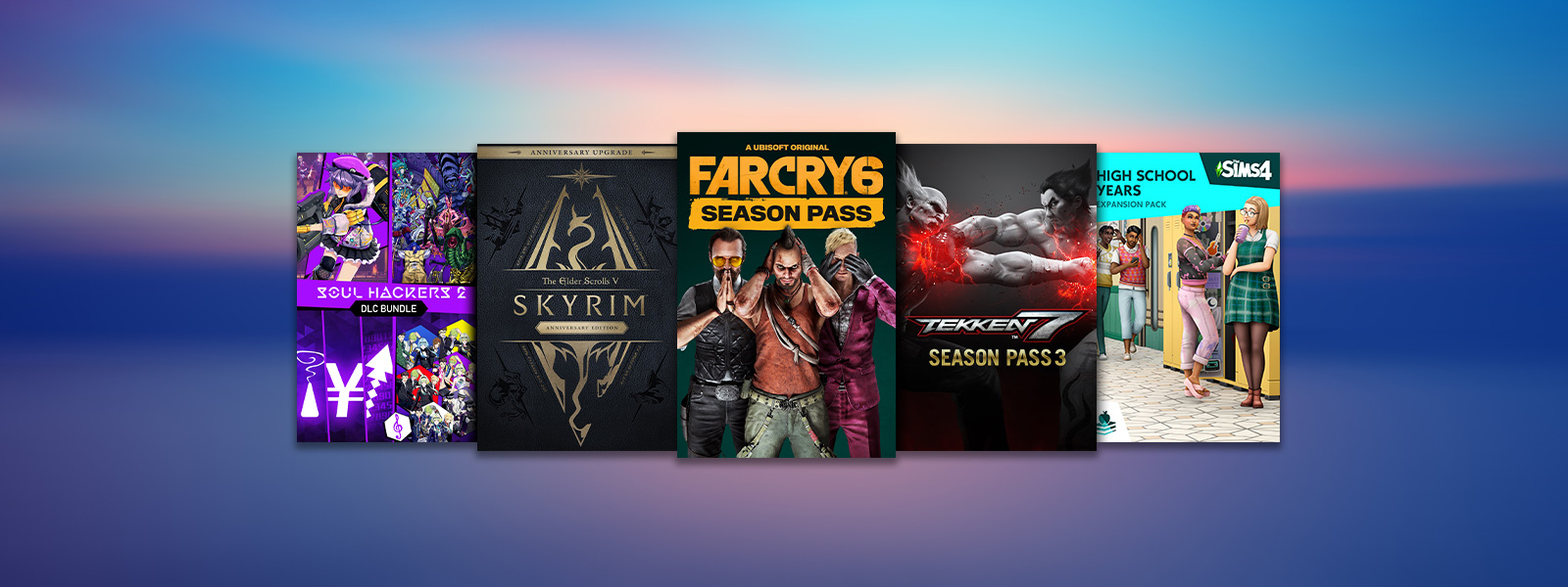 Box art from games that are part of the Tis The Season Add-on Sale, including The Elder Scrolls V: Skyrim Anniversary Edition, Far Cry 6 Season Pass, and TEKKEN 7 - Season Pass 3.