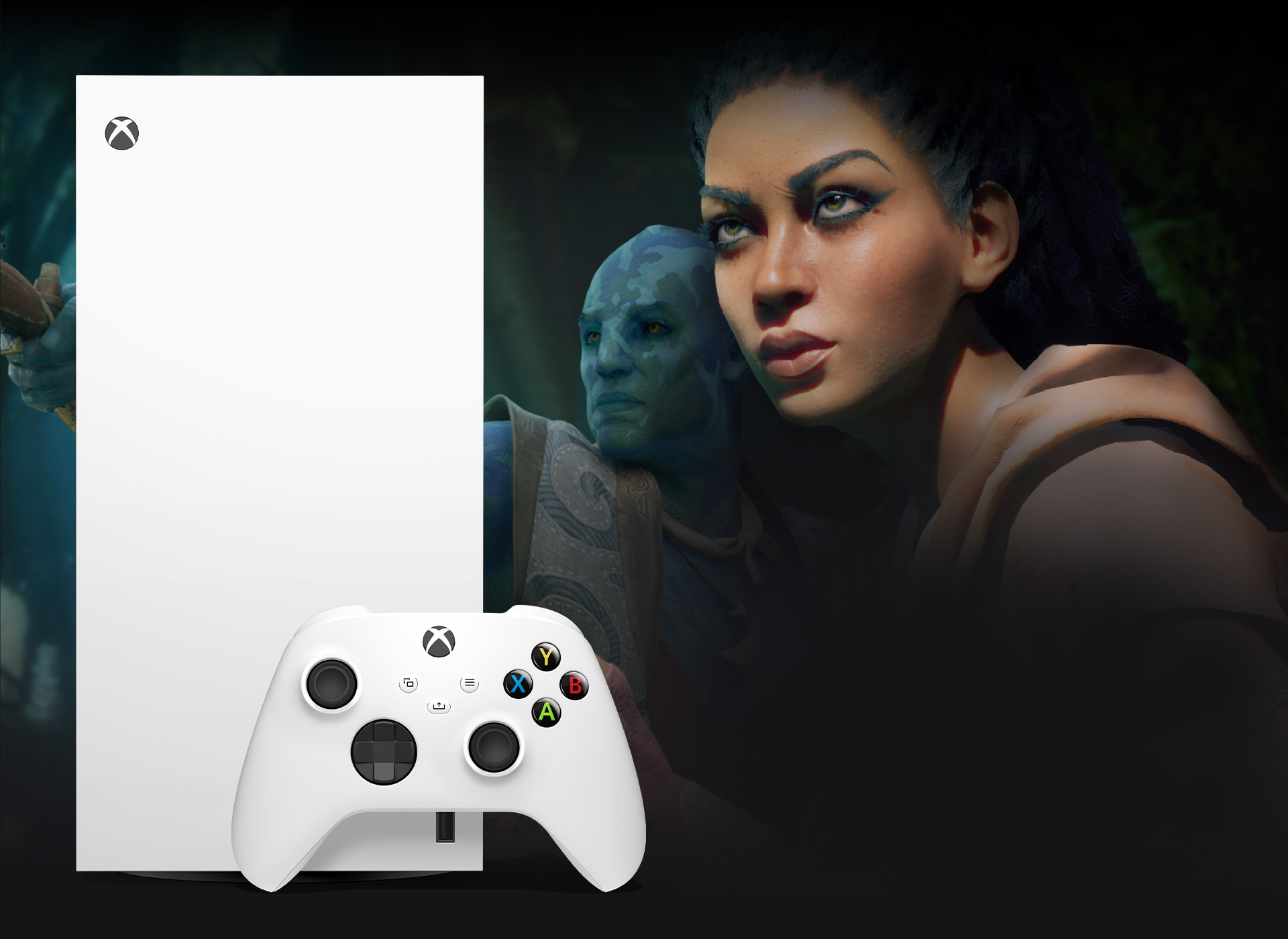 Xbox Series X – 1 TB White with two characters from Avowed looking beyond.