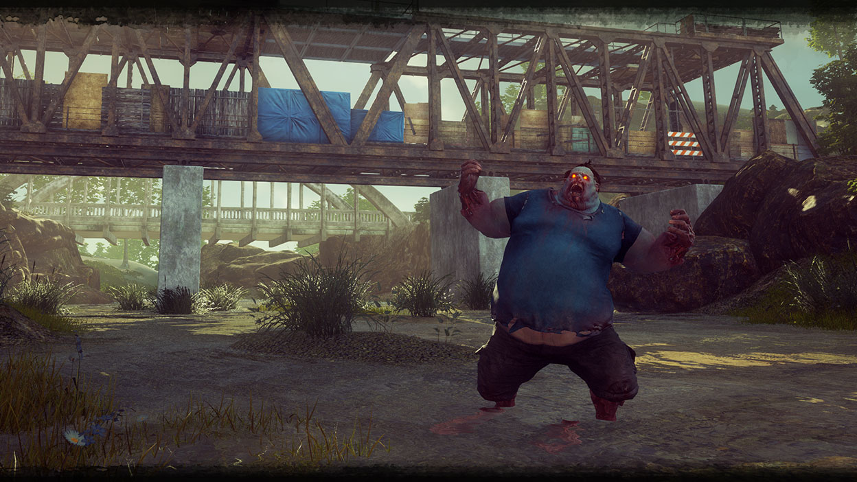 Juggernaut uit State of Decay 2: Juggernaut Edition staat te schreeuwen voor een brug