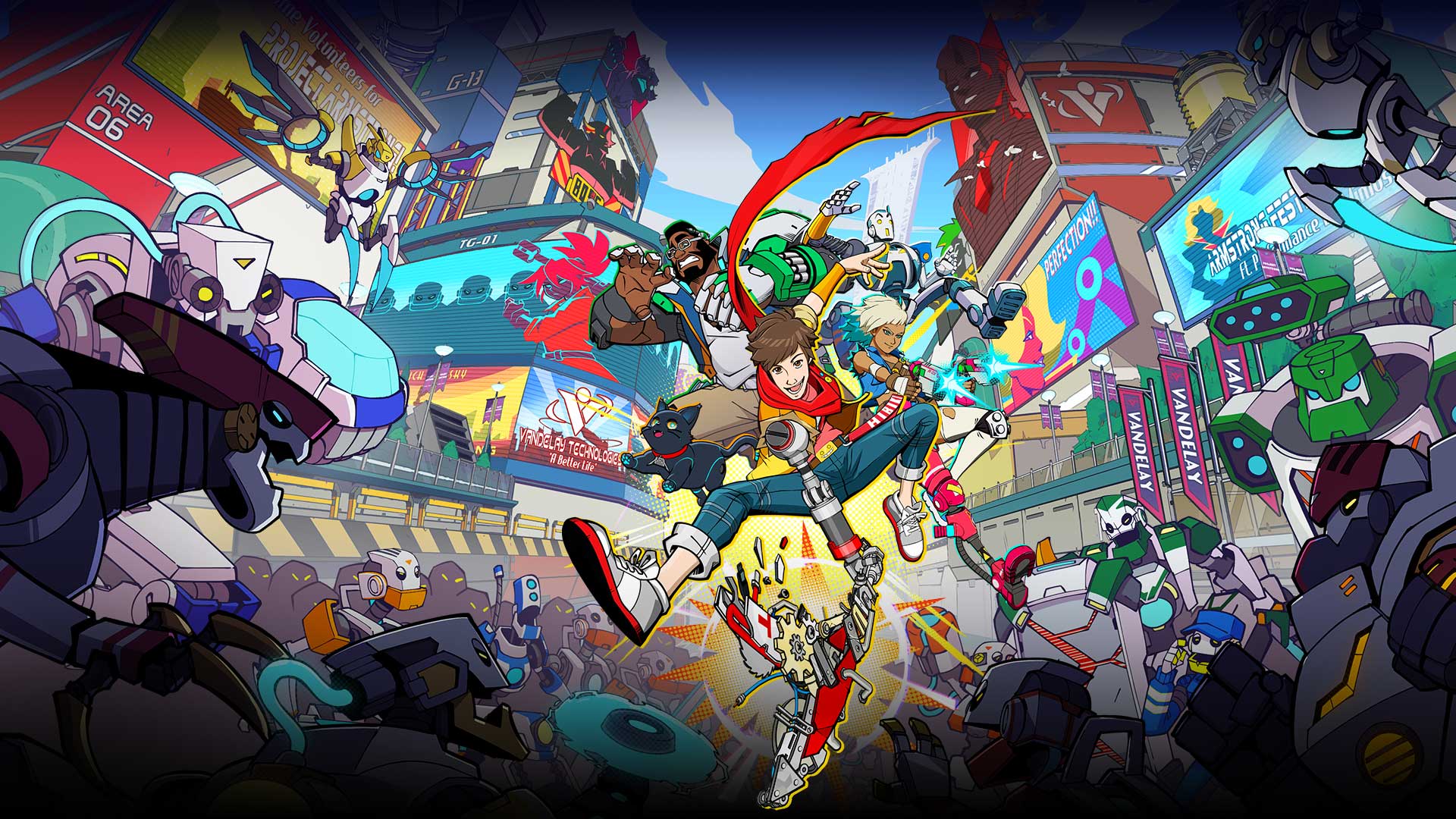 Chai en zijn teamgenoten poseren in de lucht terwijl een horde robots hen omsingelt.