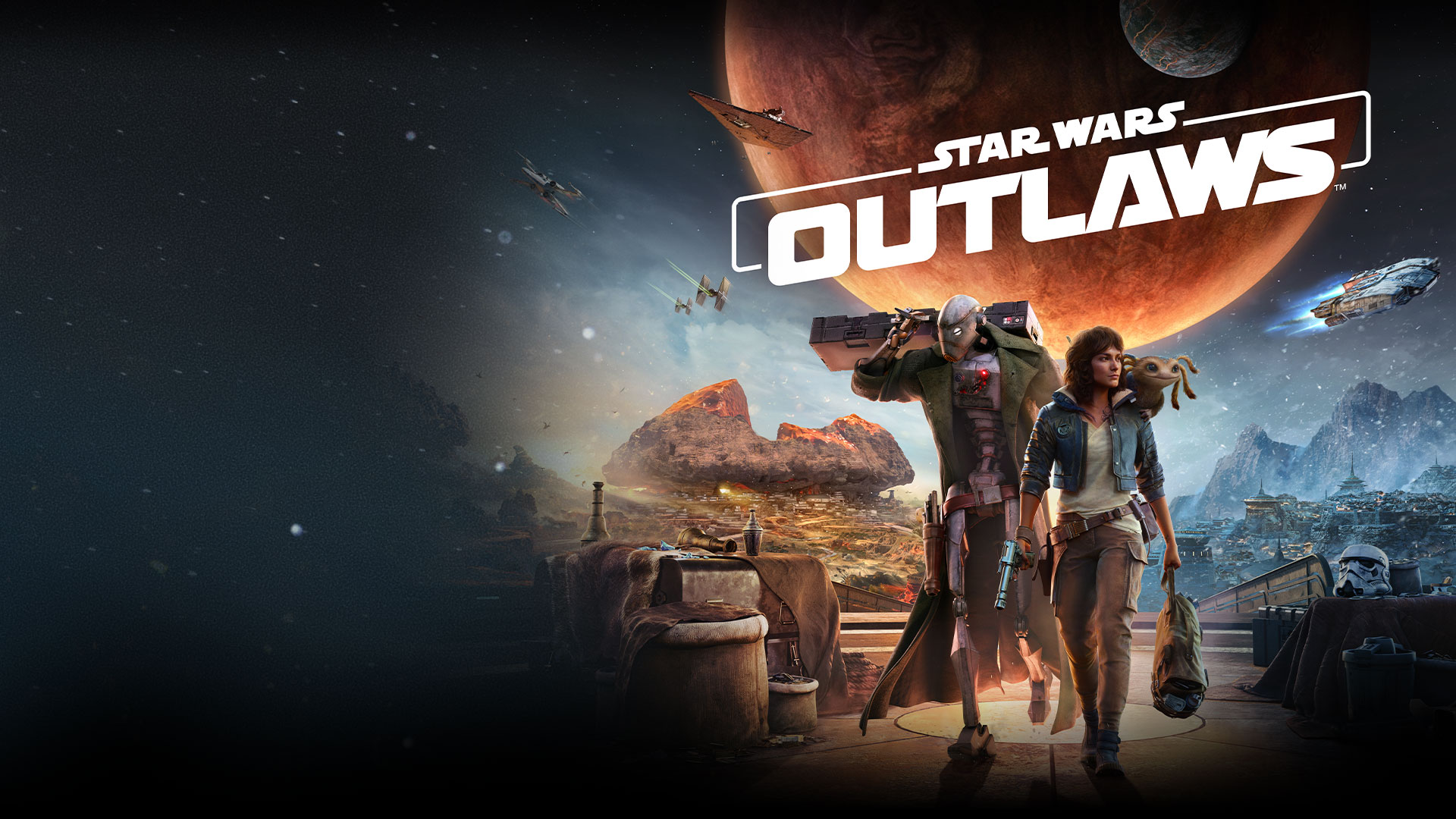 Star Wars Outlaws, Kay Vess, Nix sur son épaule, traverse un spatioport animé avec ND-5 sous une grande planète rouge. 