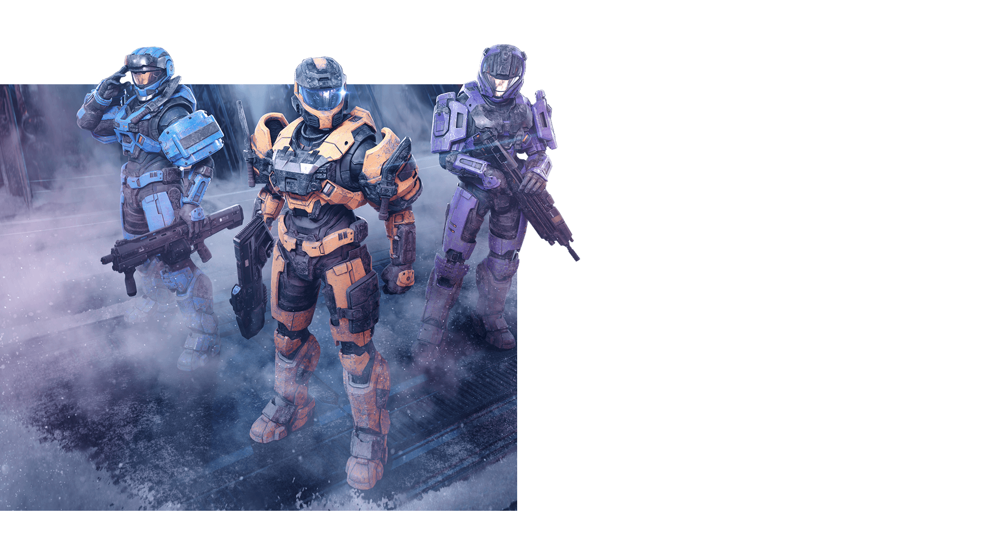 Three Spartans assess their surroundings as a chilly fog closes in on them.