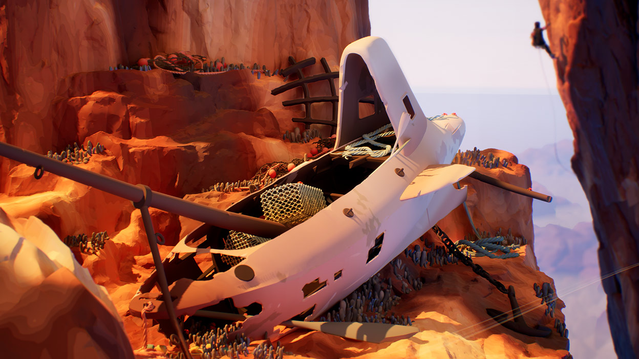 A crashed flying machine resting on a stone cliff.