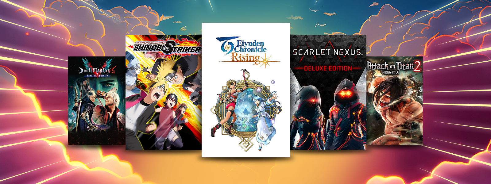 Cover art from games that are part of the Anime Month Sale, including Eiyuden Chronicle Rising, Scarlet Nexus Deluxe Edition and NARUTO TO BORUTO: SHINOBI STRIKER.