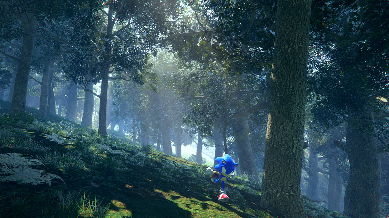 Sonic runs through a dense forest.