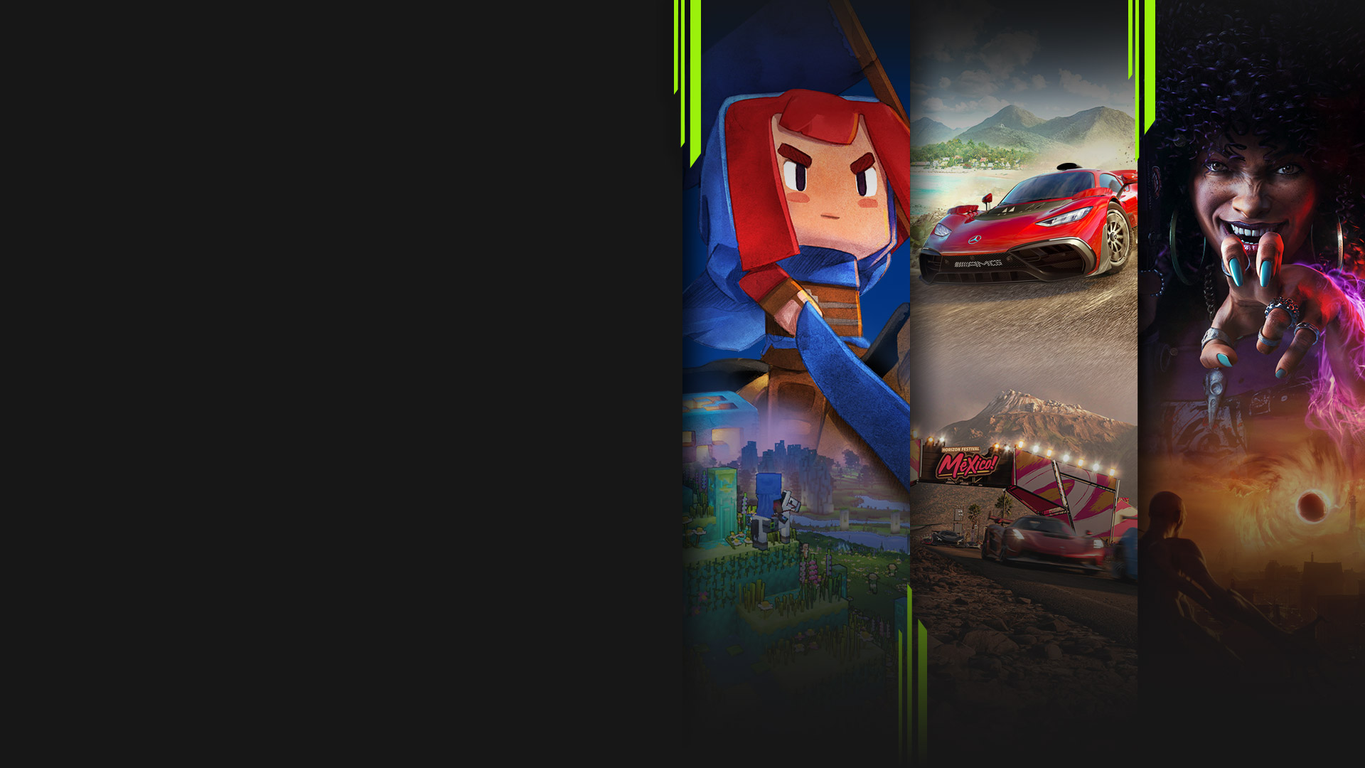 Motywy graficzne z różnych gier dostępnych w ramach subskrypcji PC Game Pass, w tym Minecraft Legends, Forza Horizon 5, Redfall i BlazBlue: Cross Tag Battle.