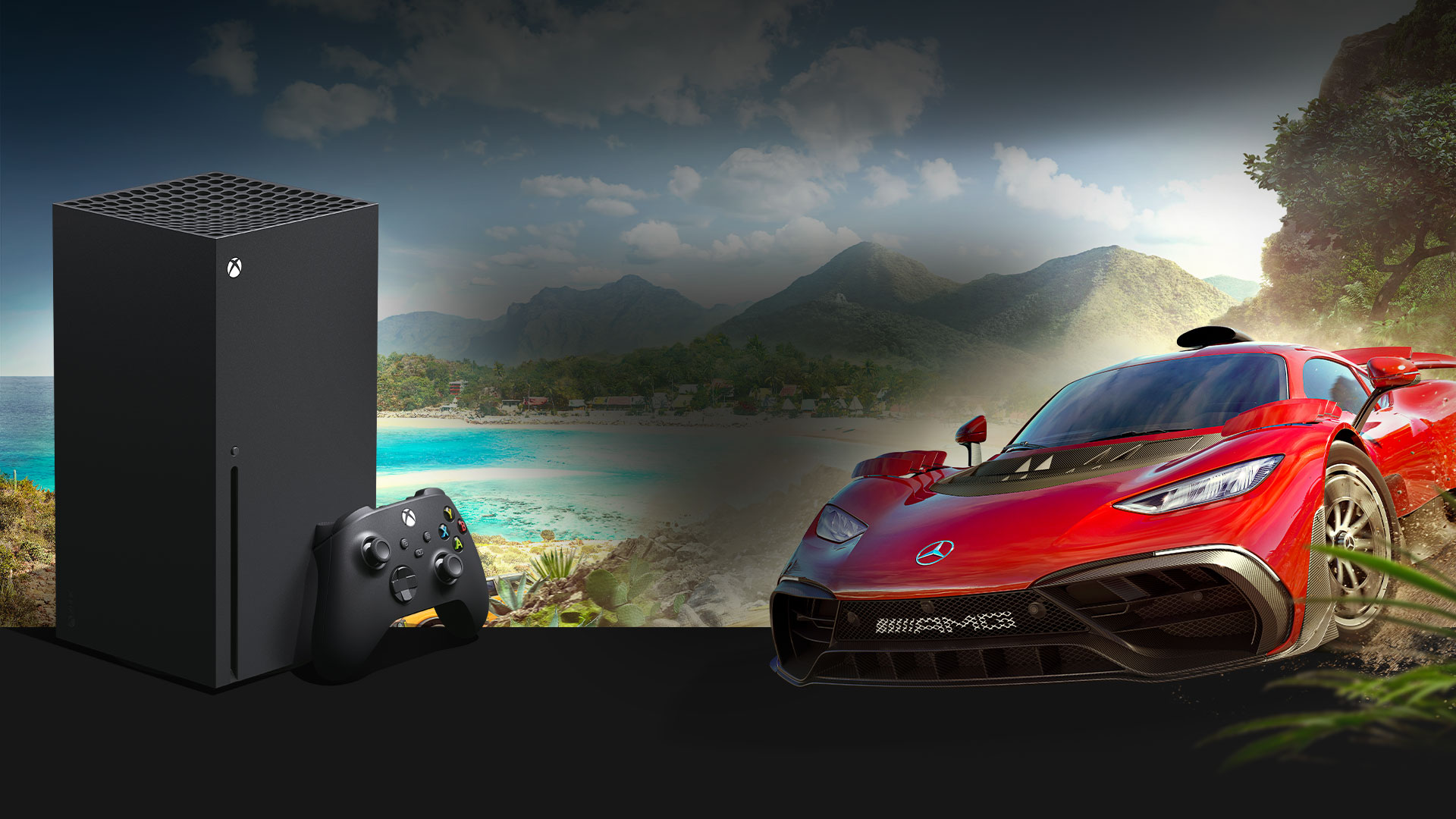 An Xbox Series X and Mercedes-AMG One sit in front of the Horizon festival in Mexico.