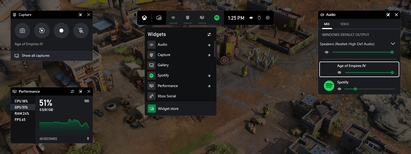 Capture d'écran des widgets par défaut sur le tableau de bord Xbox