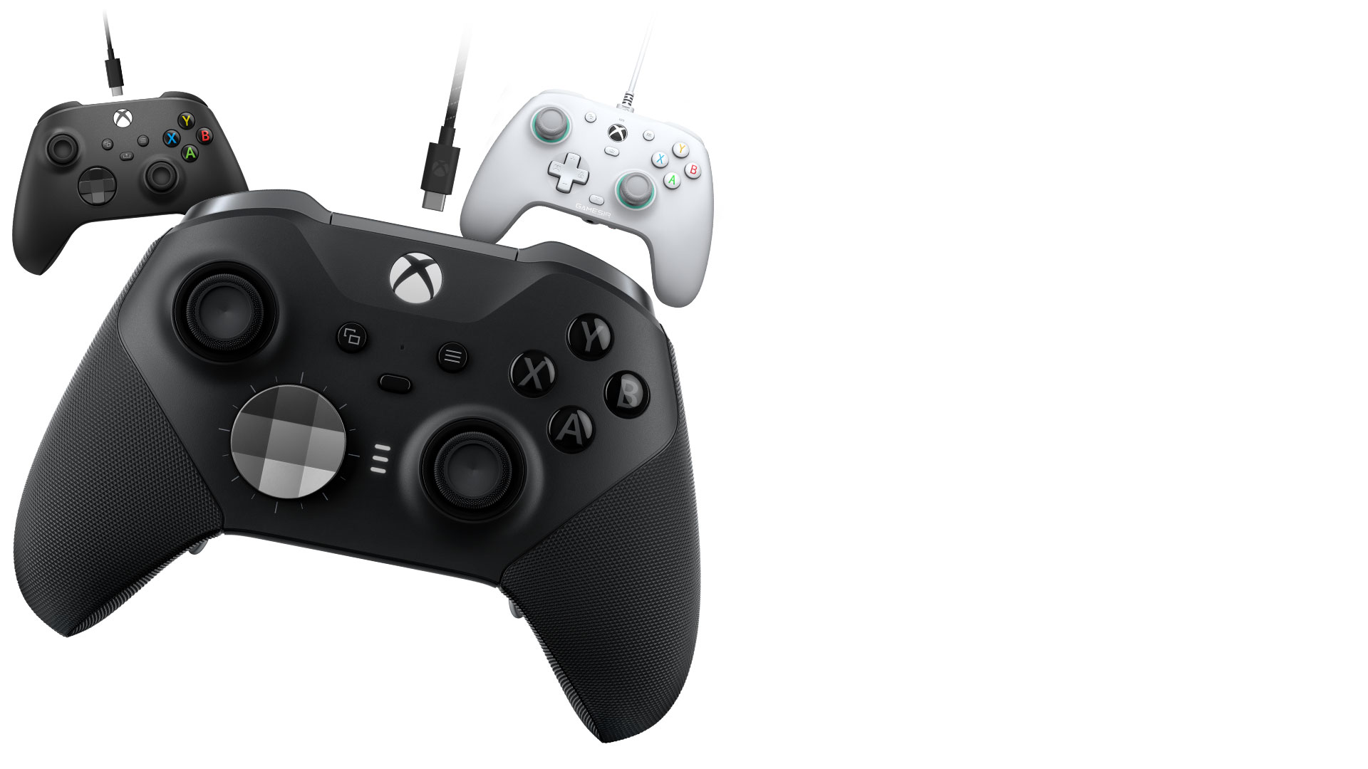 Wired Xbox Elite wireless controller, wired xbox wireless controller, and a wired D4X controller