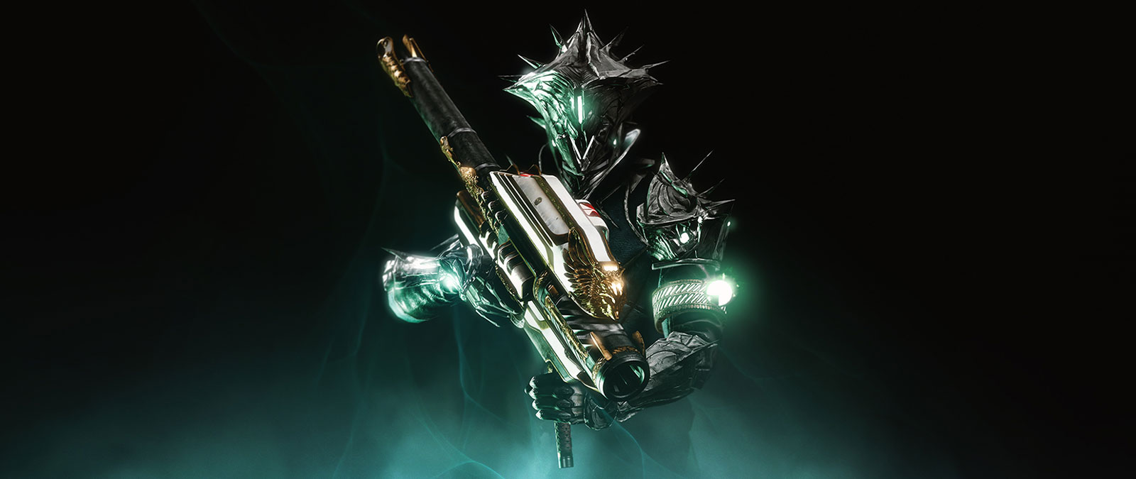 Character wearing a featured armor skin while holding a large gun