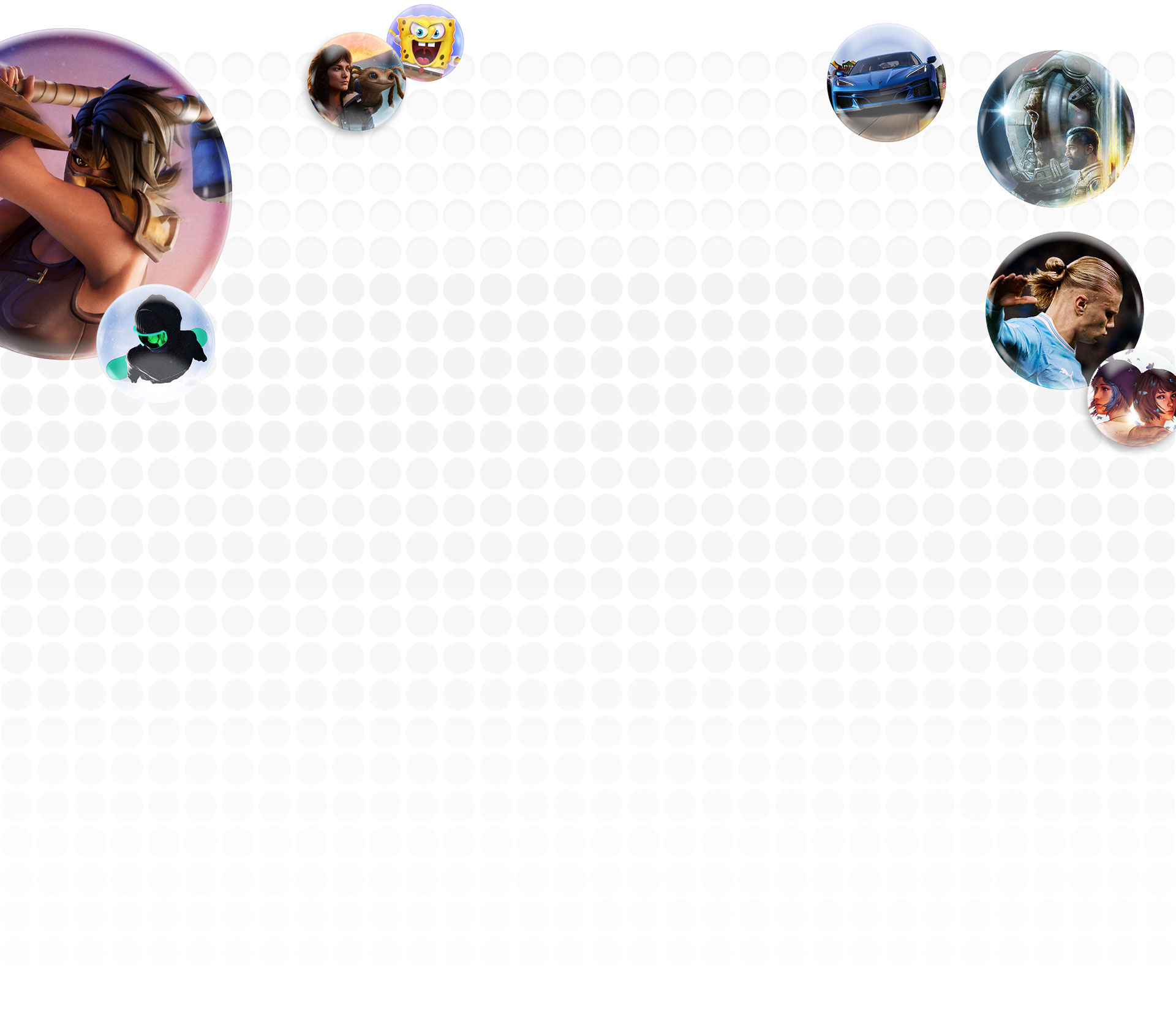 Personajes de los juegos de Xbox Fortnite, Star Wars, EA FC24, GAMENAME y Forza Motorsport flotando en burbujas
