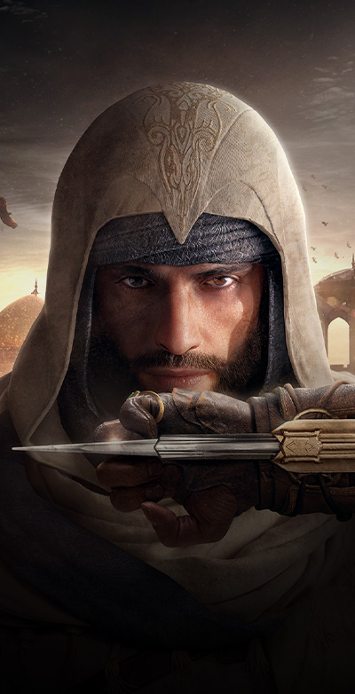 Assassin creed mirage, Basim Ibn Is'haq wearing a cloak holding up his dagger on the inside of his hand