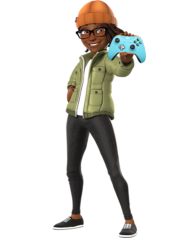 Xbox-Avatar einer schwarzen Frau mit einer orangefarbenen Kappe, die einen hellblauen Xbox-Controller nach vorne streckt