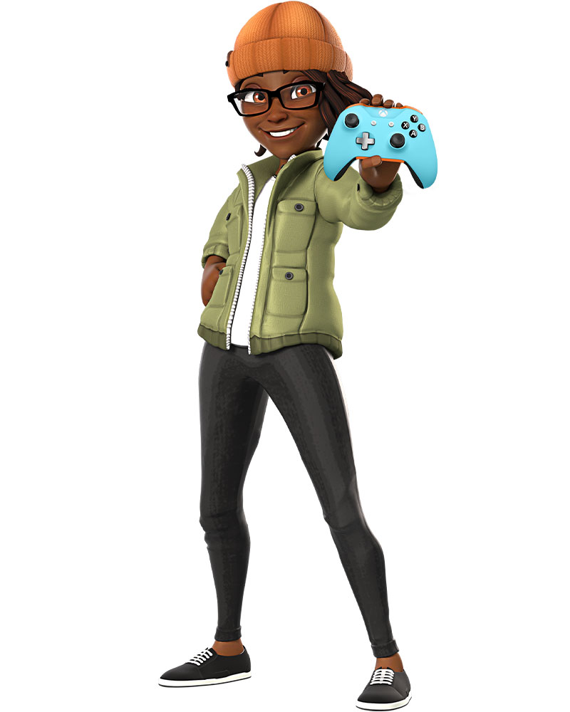 Avatar do Xbox de uma mulher negra com um boné laranja segurando um controle Xbox azul claro