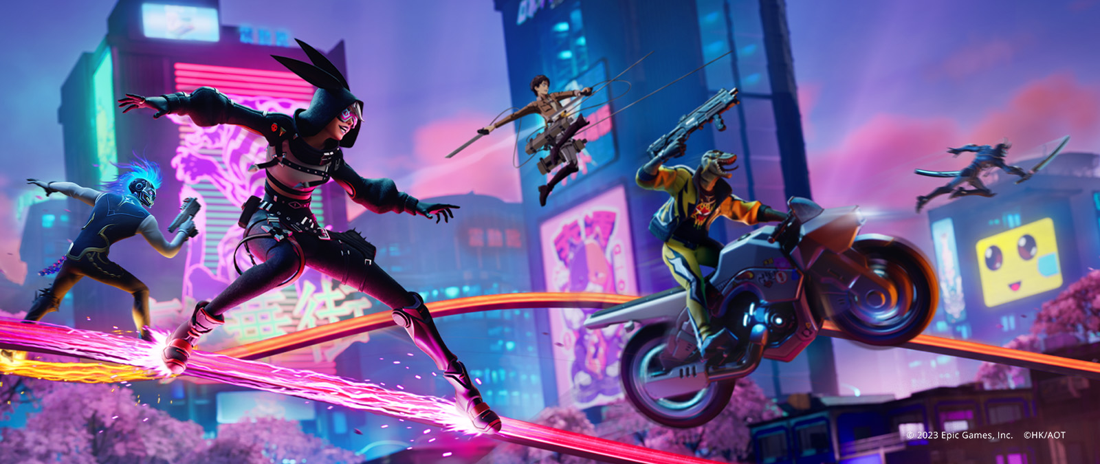 Two characters ride grind rails, Eren flies through the sky and a motorcycle leaps into the air. 2023 Epic Games, Inc. HK/AOT.