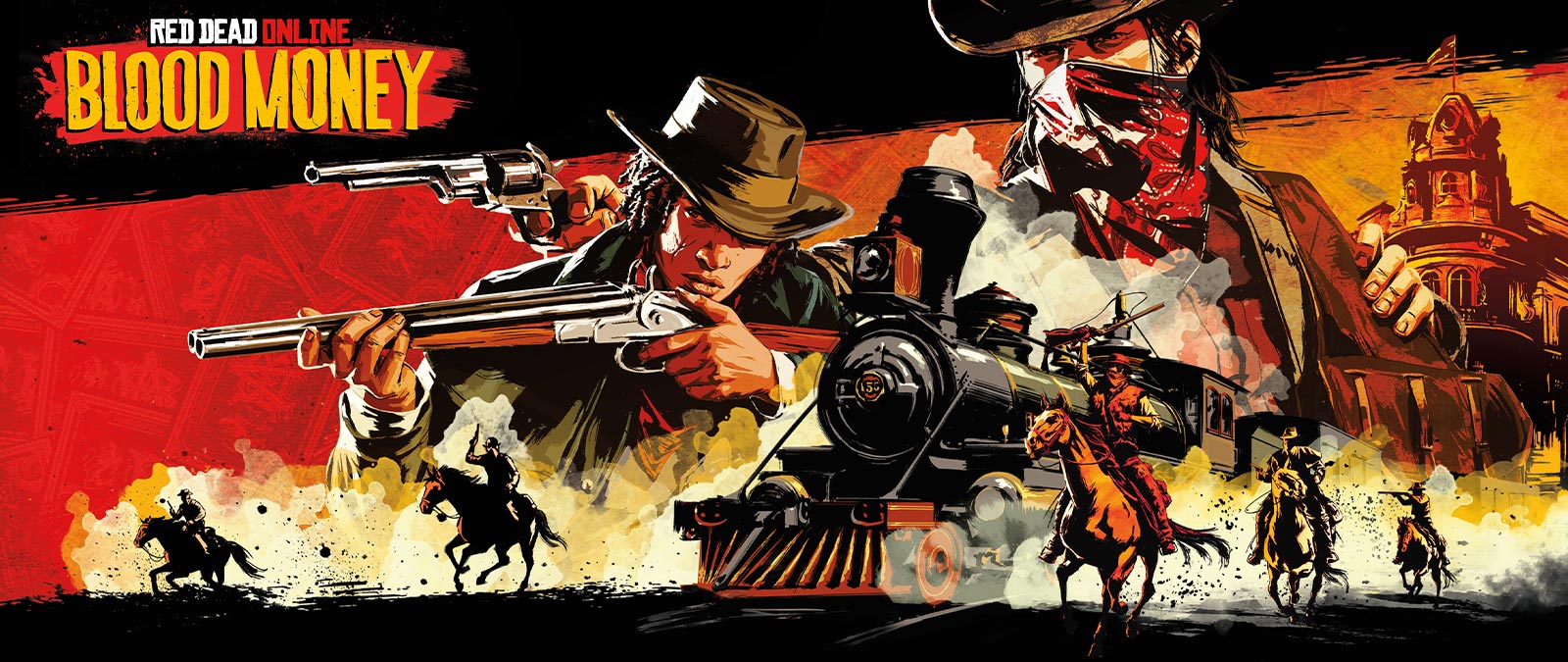 Red Dead Online, Moonshiners, A sinister looking man holds a gun and a stack of cash, stylistic background of a moonshiner set-up and a wagon chase. 